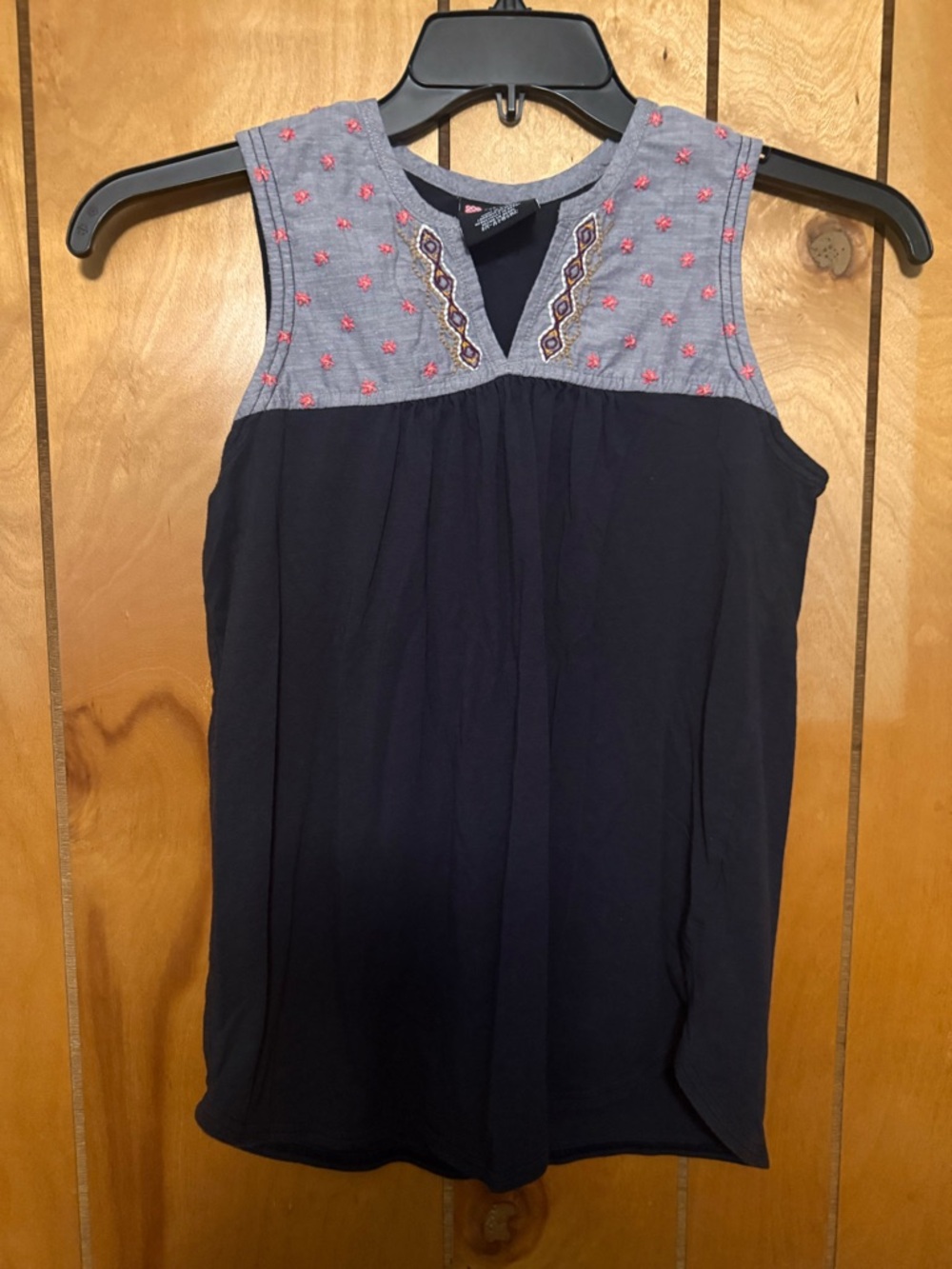 Sleeveless Tank with Embroidered Chambray Yoke